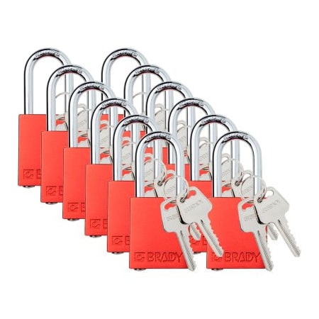 Brady Brady Safety Lockout Padlock, Keyed Different, 1-1/2in, Aluminum/Steel, Red, 12/PK SDAL-RED-38ST-KD12